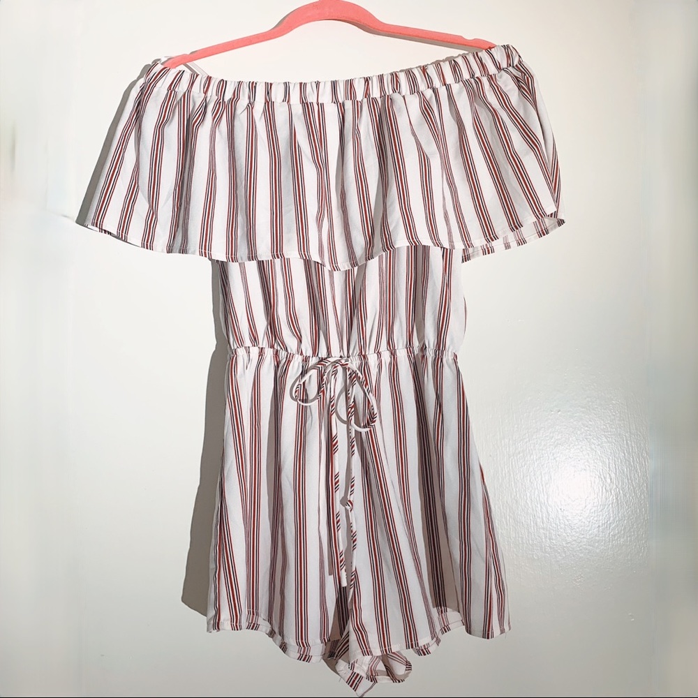 Forever 21 Red/Black Striped Off Shoulder Romper